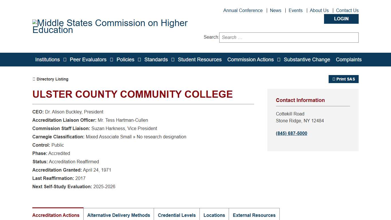 Ulster County Community College - Statement of Accreditation Status